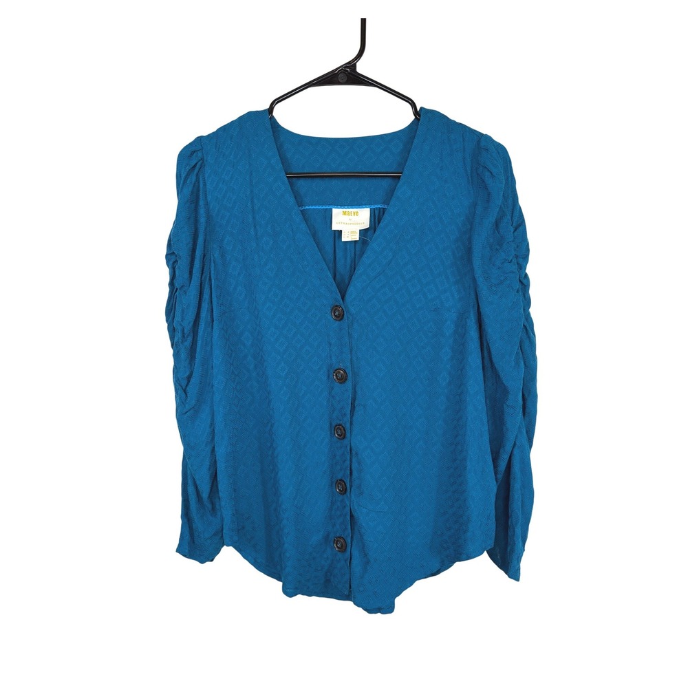 Maeve V-neck Ruched Sleeve Blouse Textured Knit Teal Women's Size 4 NWOT